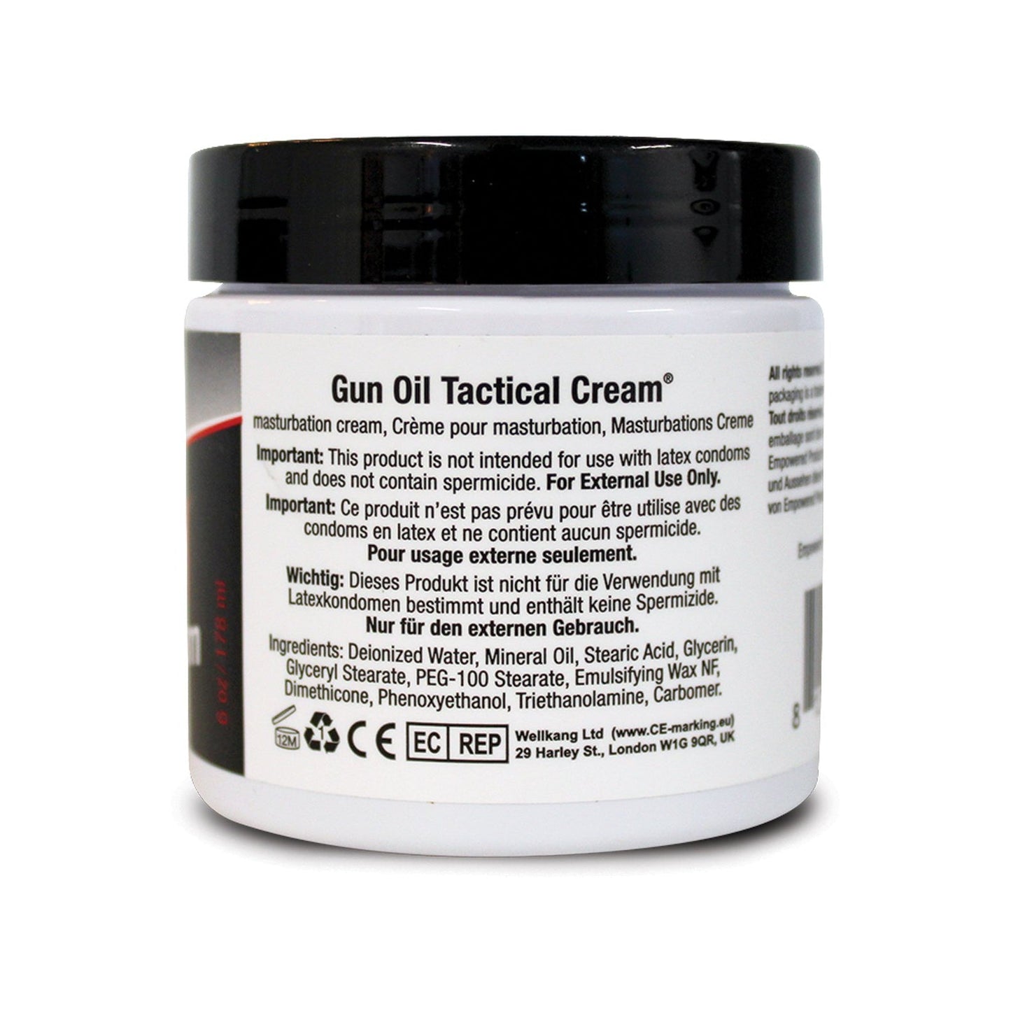 A white container labeled Tactical Cream by Gun Oil, designed for masturbation with a silicone-based formula. It warns against use with latex condoms and is for external use only, with multilingual instructions.