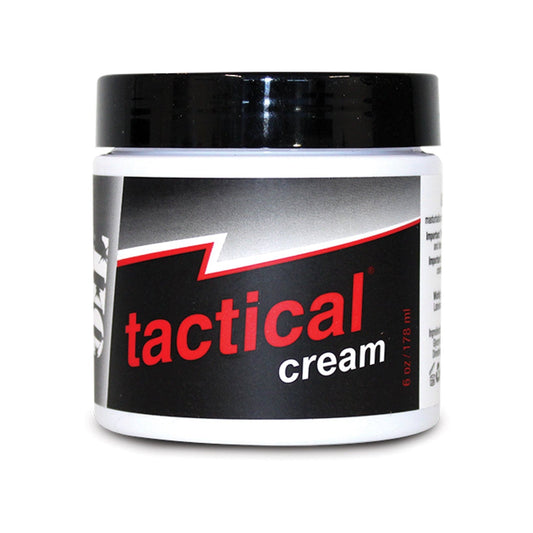 A 6 oz / 178 ml jar of Gun Oils Tactical Cream comes with a black lid and label featuring a red and white design. The words tactical cream stand out in bold red letters, while the water-based formula enhances your experience with sleek efficiency.