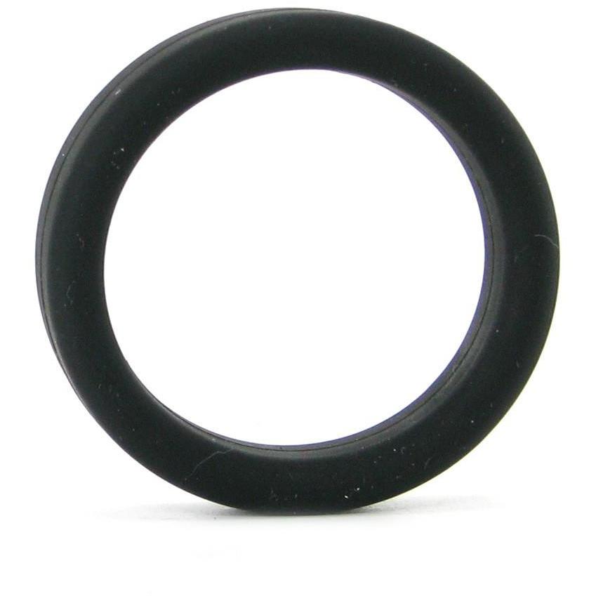 A close-up of a Tantus 1.5 Supersoft C Ring against a white background shows its circular, black silicone design with uniform thickness, offering comfort and flexibility.