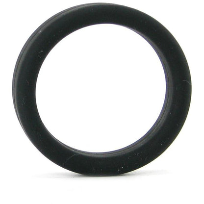 A close-up of a Tantus 1.5 Supersoft C Ring against a white background shows its circular, black silicone design with uniform thickness, offering comfort and flexibility.