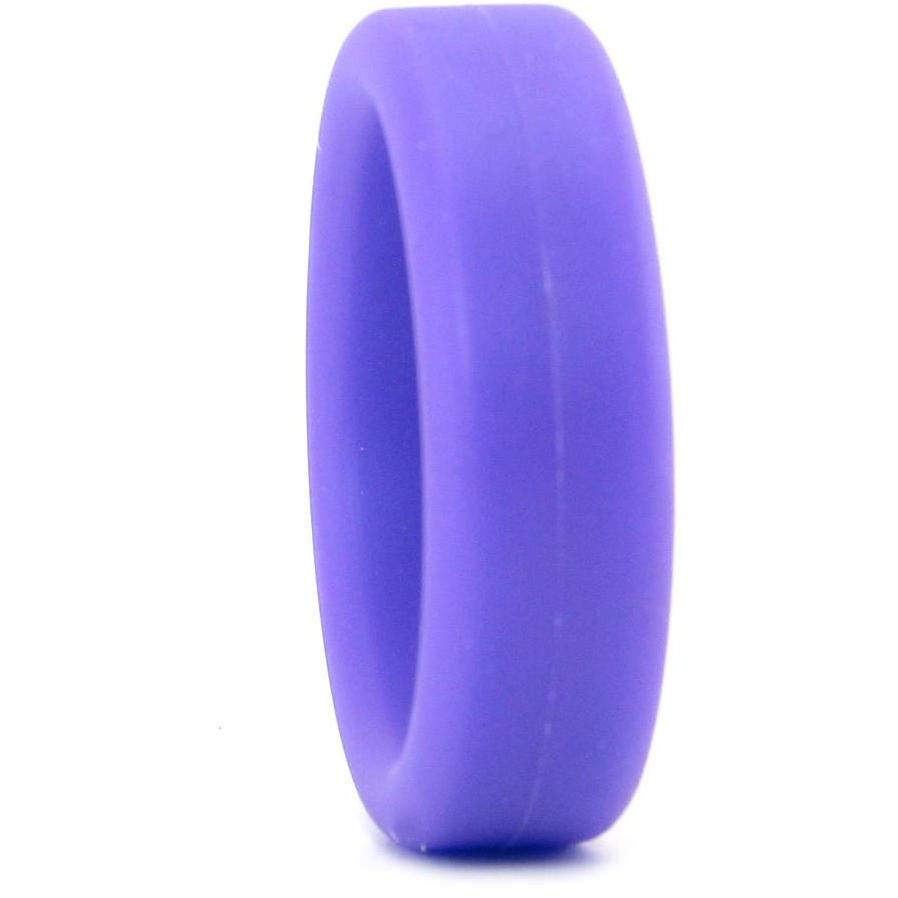 A close-up of a purple Tantus 1.5 Supersoft C Ring standing on its side against a white background. This comfortable silicone ring by Tantus features a smooth texture and simple, plain design.