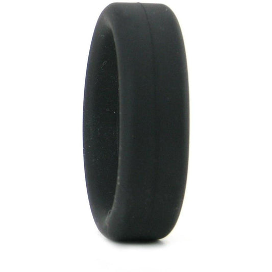 A sleek, black silicone ring stands vertically on a white background. The Tantus 1.5 Supersoft C Ring features a smooth, matte finish perfect for daily wear.