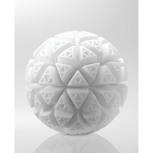 A 3D rendering of a white textured sphere with intricate geometric patterns reminiscent of the Tenga GEO Glacier - White by Tenga, featuring triangles and diamond shapes like folded layers. Made from stretchable, reusable material, it stands against a gradient from light gray to white.