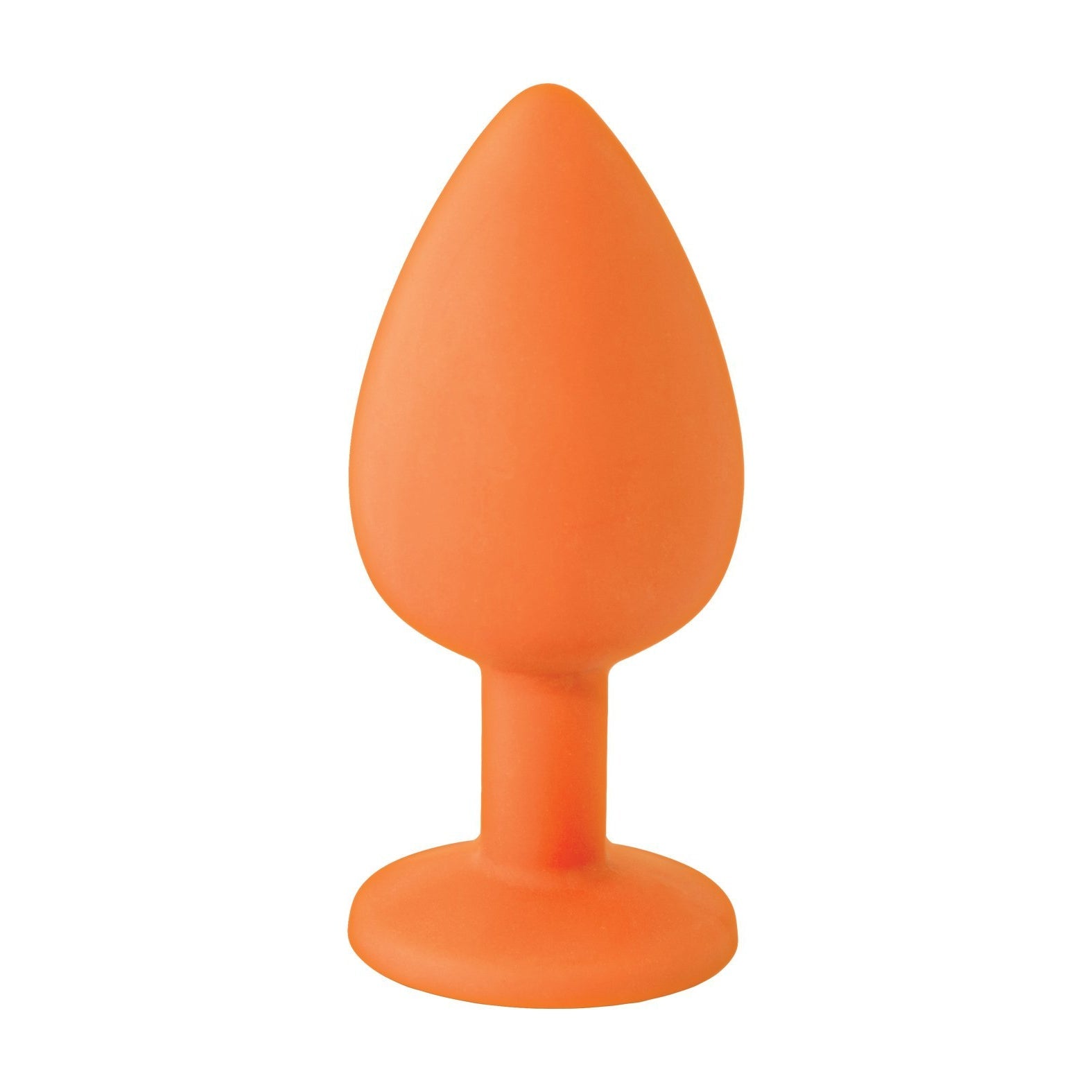 The Booty Calls 9s Booty Calls Hit It Hard Plug is an orange silicone butt plug, phthalate-free, with a smooth, tapered tip and a flat base. It stands upright on a white background, highlighting its safe and sleek design.