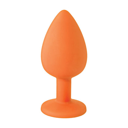 The Booty Calls 9s Booty Calls Hit It Hard Plug is an orange silicone butt plug, phthalate-free, with a smooth, tapered tip and a flat base. It stands upright on a white background, highlighting its safe and sleek design.