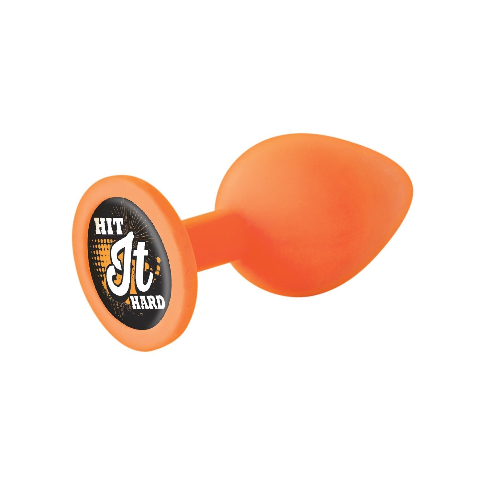 The 9s Booty Calls Hit It Hard Plug is an orange, teardrop-shaped silicone toy with a suction base. It has a phthalate-free design featuring bold white and orange Hit It Hard text on a black and orange patterned background.