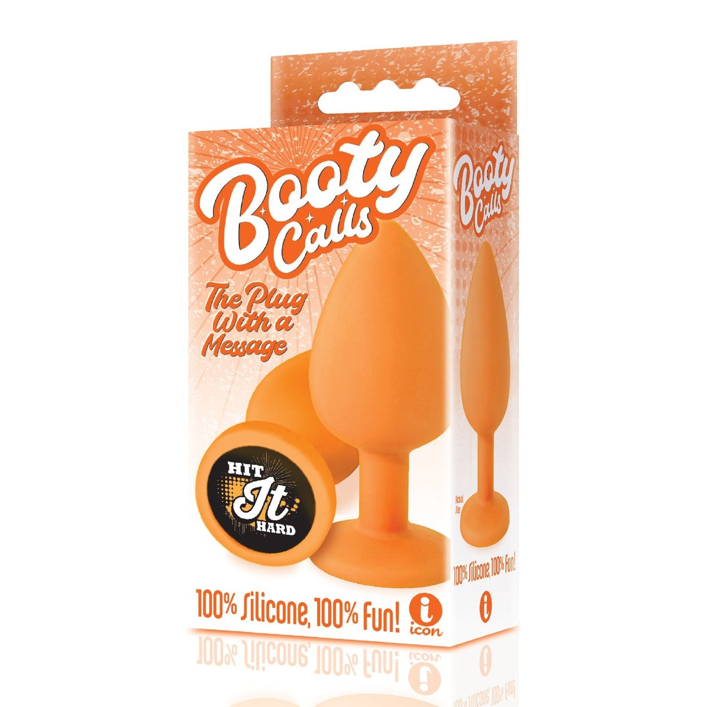Packaging for The 9s Booty Calls Hit It Hard Plug by Booty Calls, features an orange silicone butt plug with the slogan The Plug With a Message. Emphasizes 100% Silicone, 100% Fun! and claims its phthalate-free with circular text Hit It Hard displayed prominently.