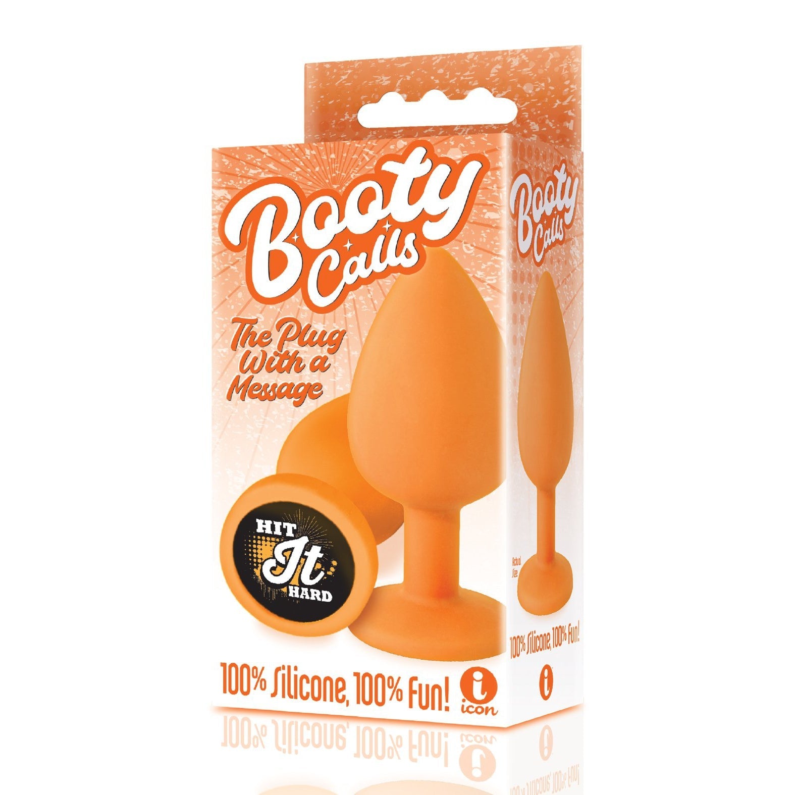 Packaging for The 9s Booty Calls Hit It Hard Plug by Booty Calls, features an orange silicone butt plug with the slogan The Plug With a Message. Emphasizes 100% Silicone, 100% Fun! and claims its phthalate-free with circular text Hit It Hard displayed prominently.