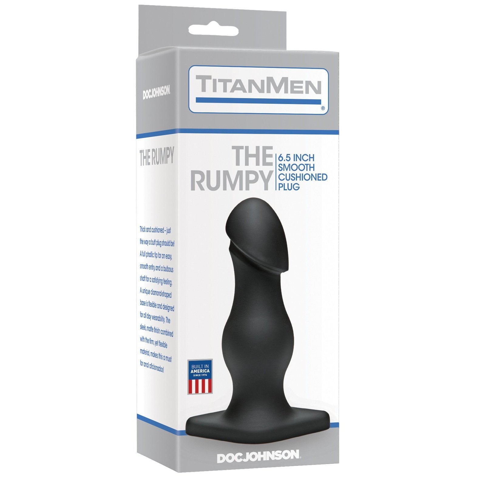The product box for TitanMen The Rumpy displays a black, cushioned butt plug measuring 6.5 inches. Made in America, it highlights the TitanMen brand, offering a satisfying anal filling experience.
