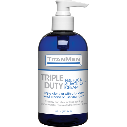 TitanMens Titanmen Triple Duty Fist, Fuck & Jack Off Cream in an 8 fl. oz. (236.5 ml) blue pump bottle acts as a long-lasting anal lubricant, ideal for solo sessions or partner play.