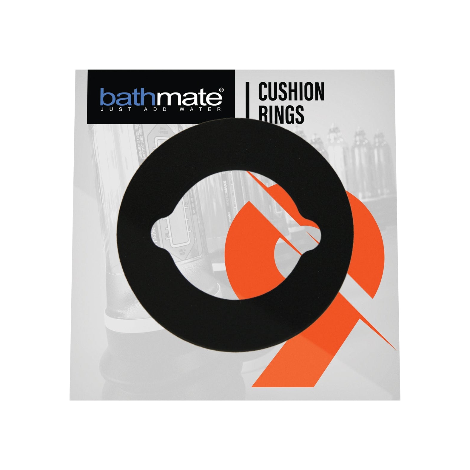 The Bathmate Hydromax 9 Cushion Pad 2 Pack features a sleek black circular pad on a white background with orange accents, highlighted by the Bathmate branding in black and blue. Made from advanced skin-safe material, these luxury pads pair perfectly with Bathmate pumps.