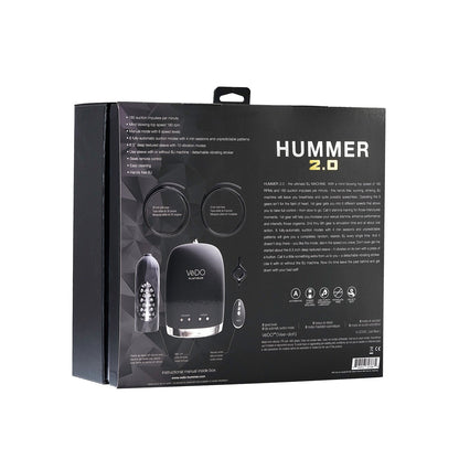 The VeDO Hummer 2.0 Masturbator comes in sleek black packaging, featuring vivid images and detailed information. Diagrams and text highlight its cutting-edge features, showcasing its status as one of the best automatic suction masturbators on the market.