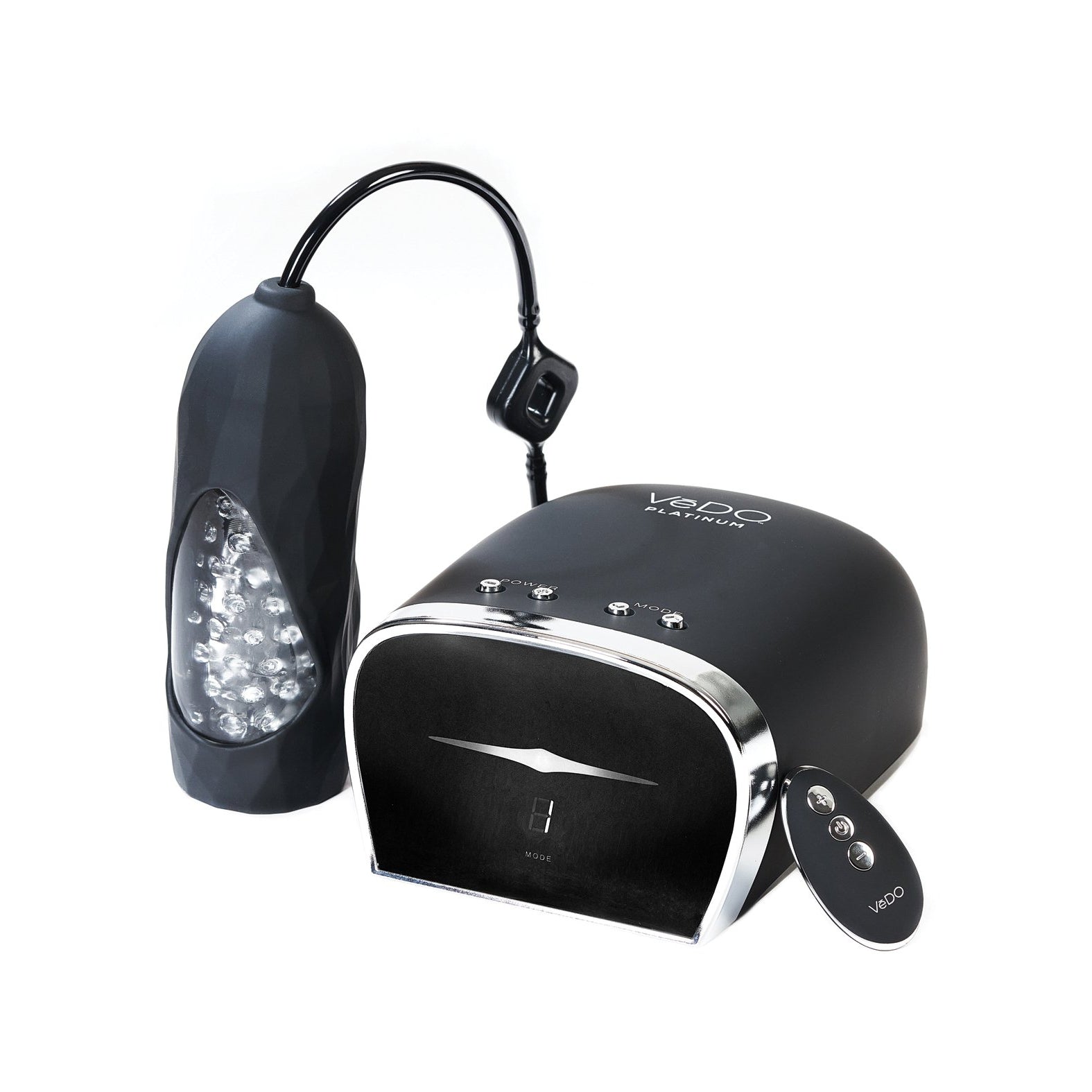 The VeDO Hummer 2.0 Masturbator, a sleek black device with a transparent cylindrical attachment, resembles its namesake. It features buttons, a digital display like automatic suction masturbators, and includes a remote control for a high-tech experience.