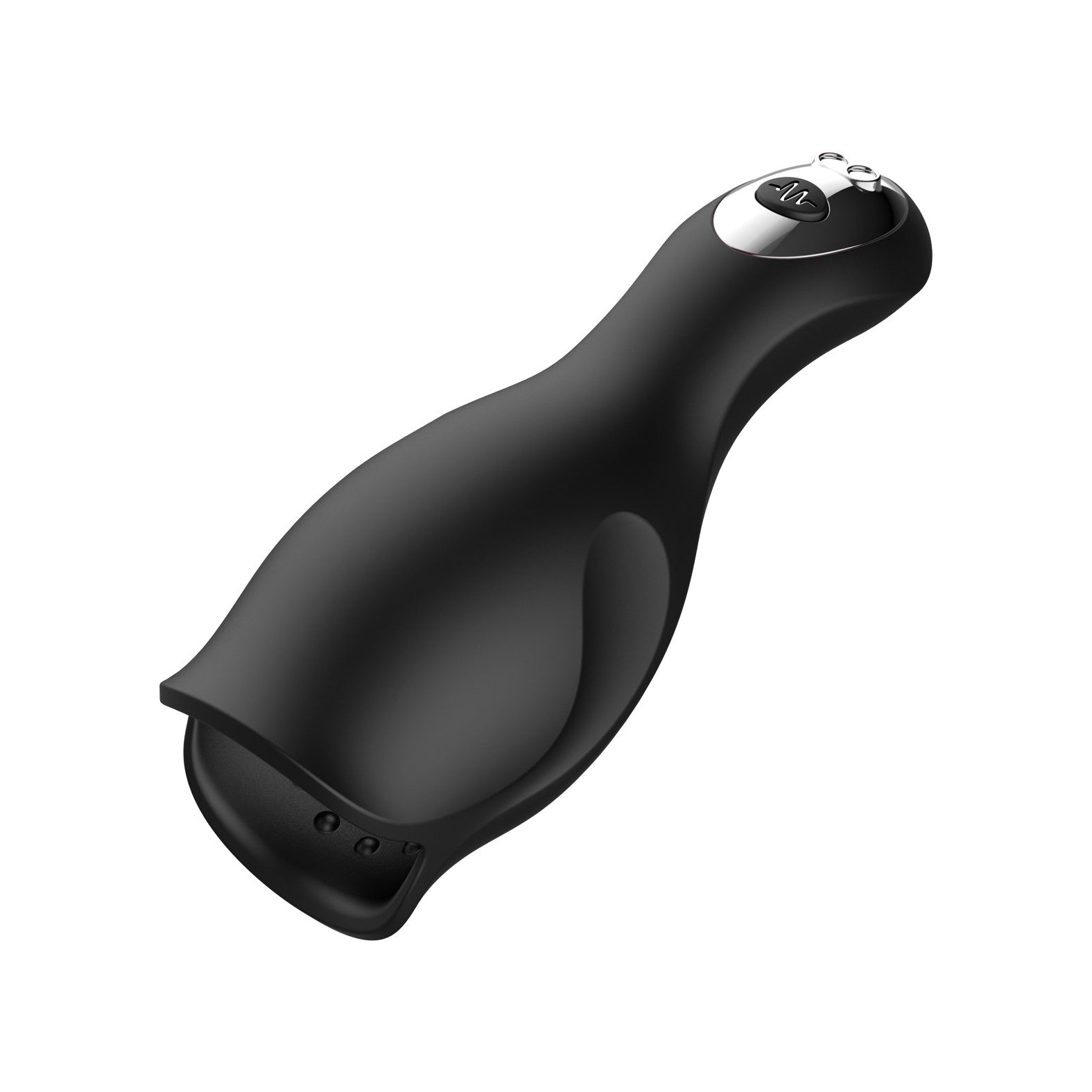 The Voodoo Get Lucky Score Head Game Masturbator features a sleek black design, ergonomic curves, metallic control button accents, and customizable vibration settings for an enhanced experience.