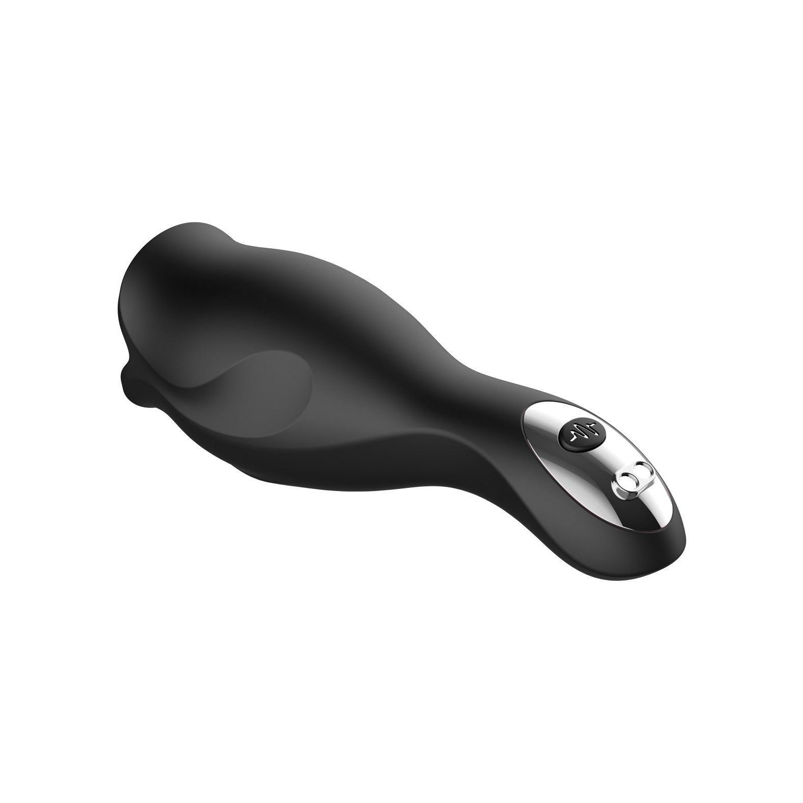 The Voodoo Get Lucky Score Head Game Masturbator is a black ergonomic device with a sleek design and silver accents. It features buttons on one end and has a smooth, subtly texturized surface for enhanced grip, designed with a curved shape for handheld use.