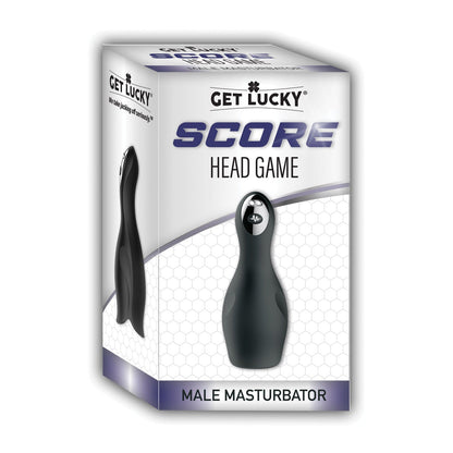 The packaging for the Voodoo Get Lucky Score Head Game Masturbator showcases its sleek black design with textured contours and varied vibration settings. It features a captivating honeycomb pattern in the background.