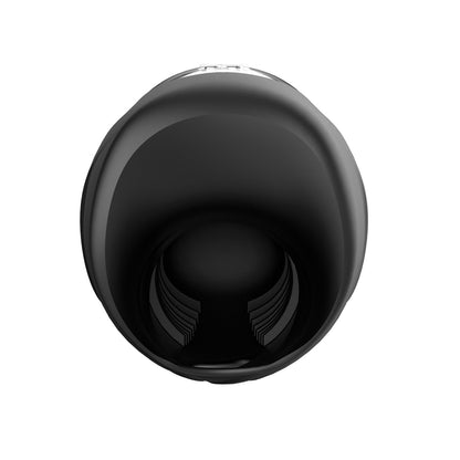 A top-down view showcases the Voodoo Get Lucky Score Pure Sport 7 Masturbator. This sleek, black cylindrical device features a glossy ultra-soft silicone surface and a hollow center, reflecting light for a polished look, positioned against a plain white background.