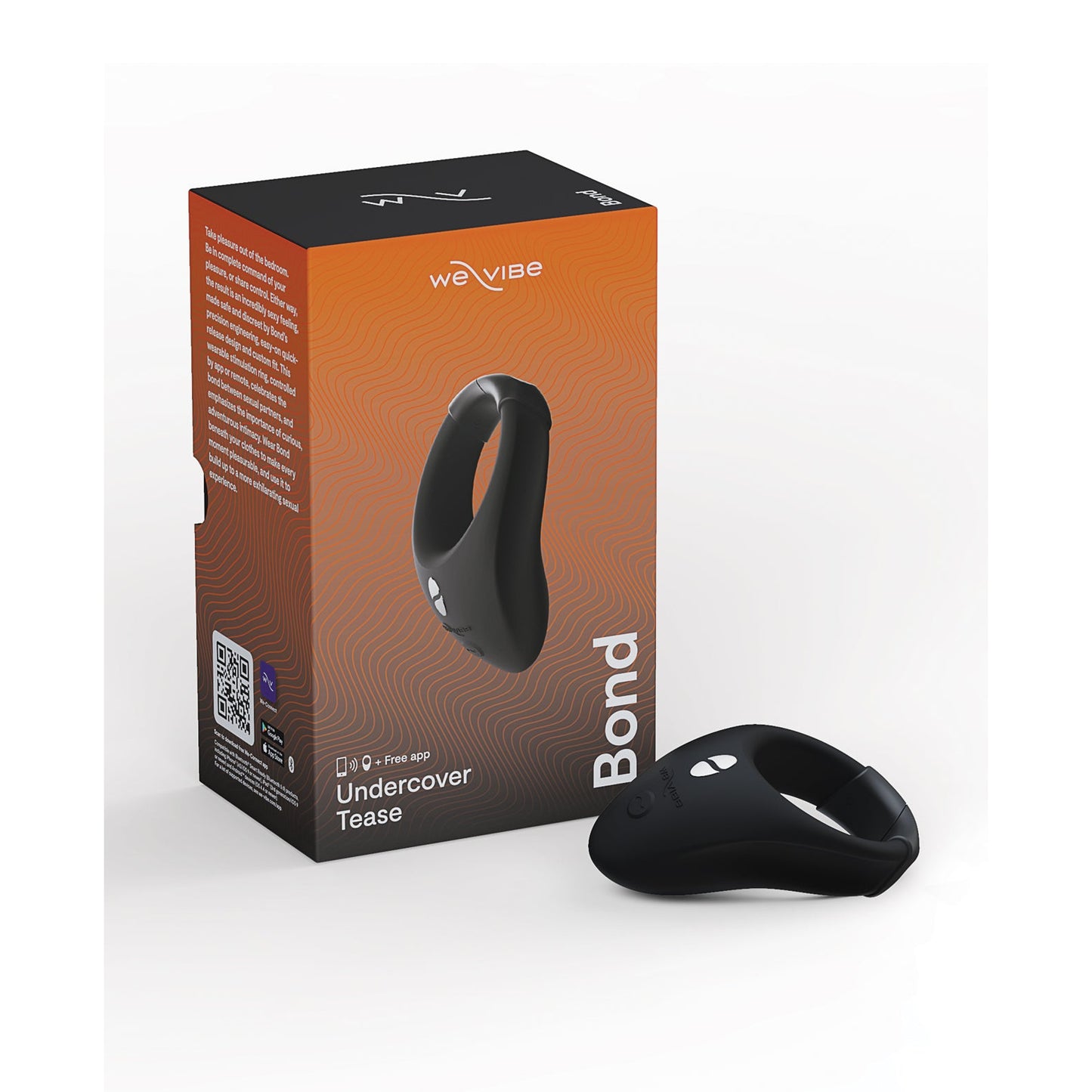 The image displays a sleek black ergonomic cock ring crafted from body-safe silicone beside its vibrant orange box with a wavy pattern, showcasing the we-vibe brand and We-Vibe Bond product name. Its an app-controlled device for personalized experiences.