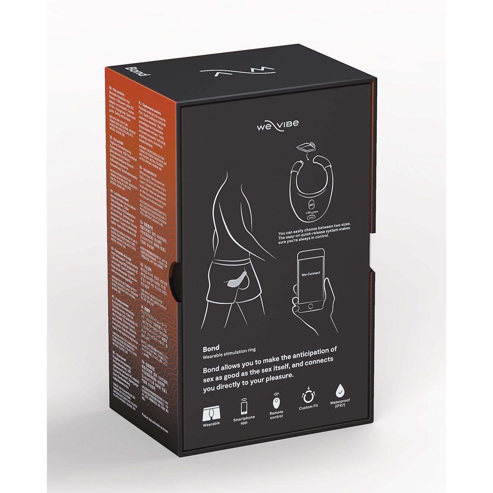 The We-Vibe Bond packaging displays an illustration of this app-controlled cock ring, made from body-safe silicone. It emphasizes features like connectivity, water resistance, and includes a remote control app for an enhanced experience.