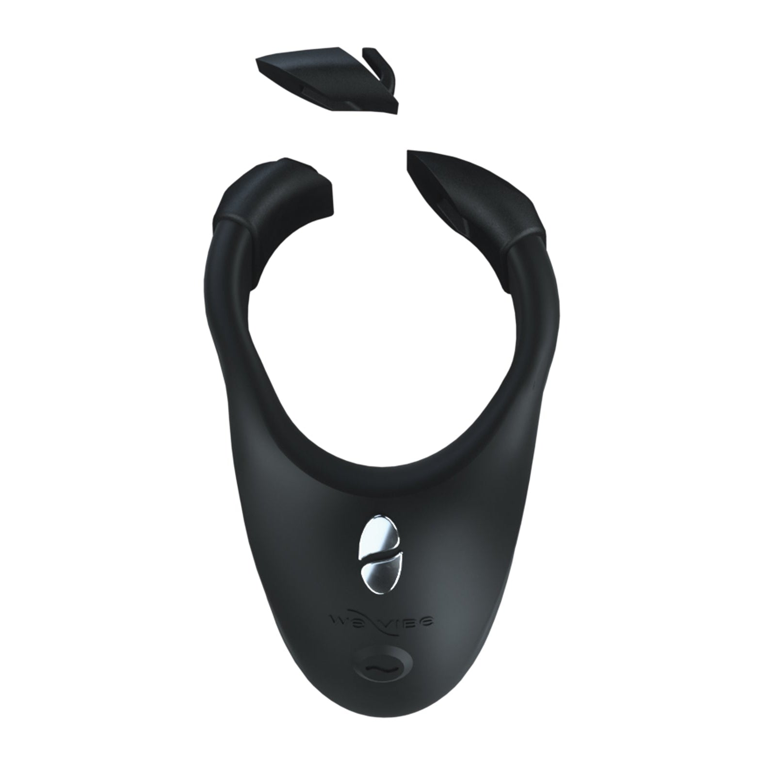 The We-Vibe Bond is a sleek black U-shaped electronic cock ring with a shiny silver button on the front and a detachable top piece. Made from body-safe silicone, it features the we-vibe brand elegantly printed on its surface.