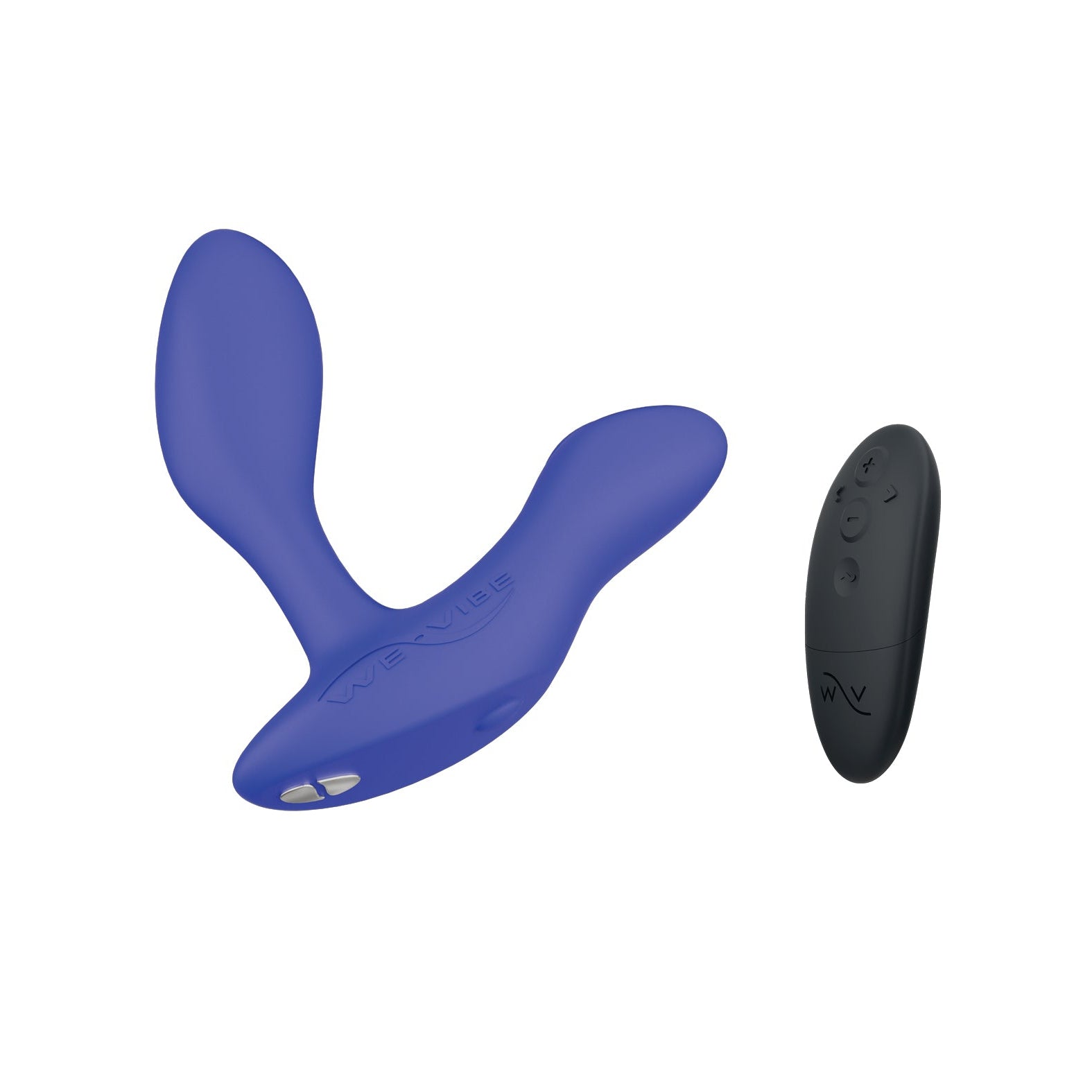 The We-Vibe Vector+ is a blue silicone vibrating prostate massager with dual motors, a sleek curved design, and comes with a black remote control featuring buttons for adjusting settings.