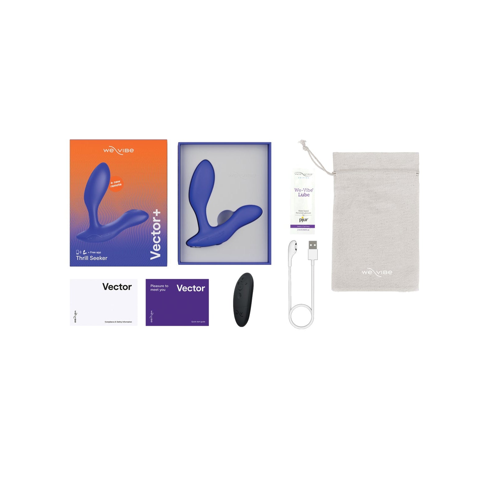 The image shows the we-vibe We-Vibe Vector+ Vibrator Set with a blue prostate massager. It includes a charging cable, remote, instruction booklets, storage pouch, and colorful packaging labeled Vector+.