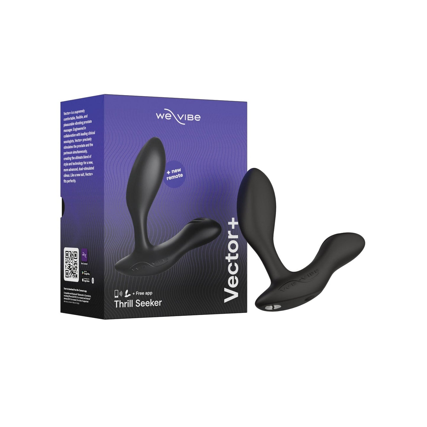 The We-Vibe Vector+ Prostate Massager arrives in a stylish blue box with white text, highlighting the sleek, ergonomic black vibrator beside it, inviting discovery and enjoyment.