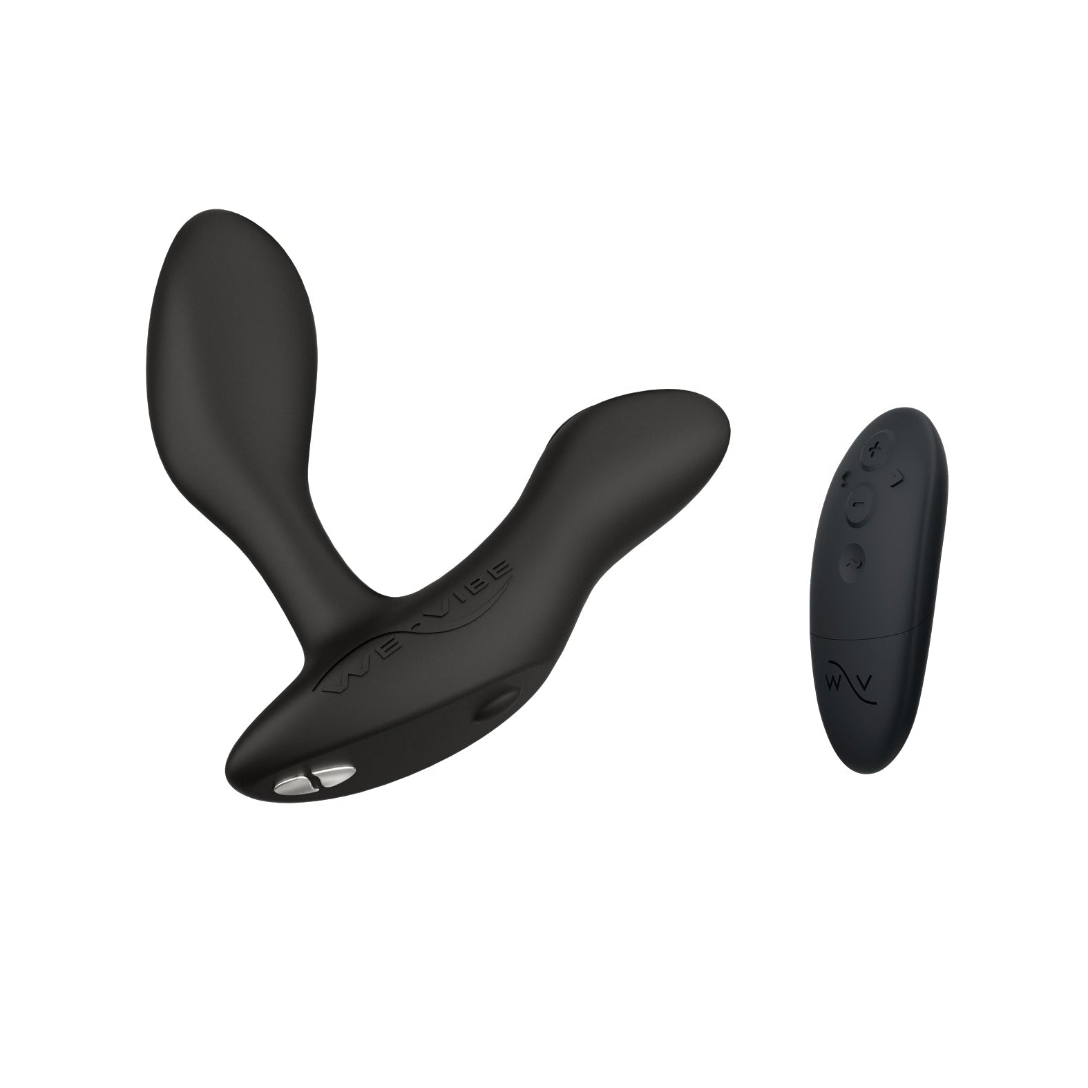 The We-Vibe Vector+ is a black ergonomic prostate massager with two flexible arms and a vibrating feature, shown next to a small black remote control. Its sleek, curved design ensures comfort and functionality.