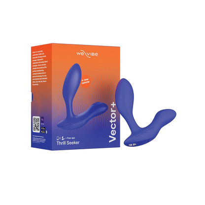 The We-Vibe Vector+ prostate massager features app compatibility and comes in branded packaging with a bold orange and blue gradient design, highlighting the name Thrill Seeker—a must-have for tech-savvy enthusiasts.