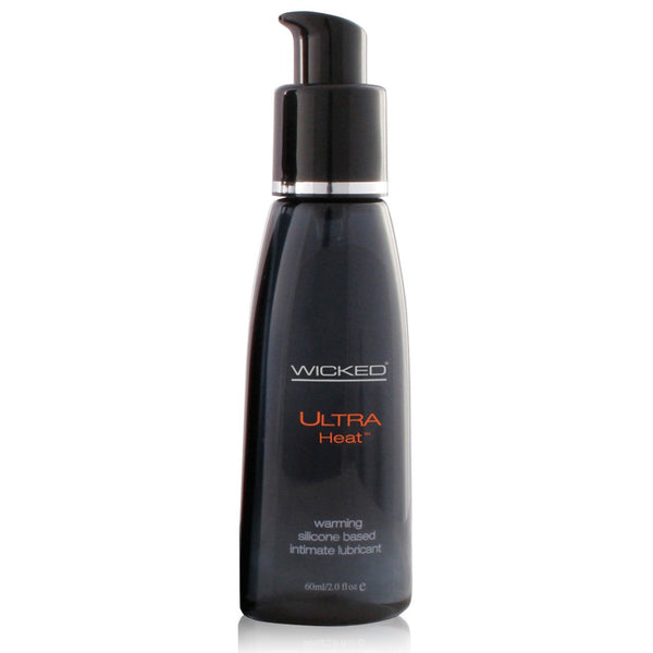 A 60 ml/2.0 fl oz bottle with a pump top, labeled Wicked Ultra Heat Silicone Based Lubricant from Wicked Sensual, offers warming silicone lubricant for intimate use.