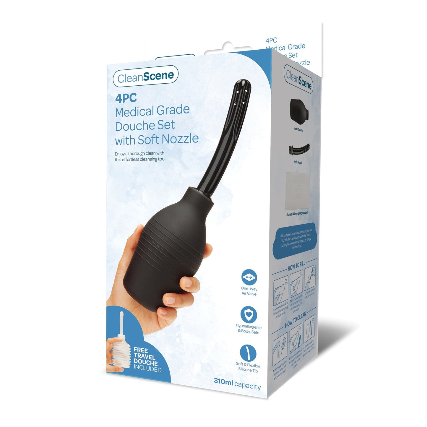 The CleanScene 4 Pc Medical Grade Douche Set features a soft nozzle, one-way valve, comfort grip, soft tip, and includes a black douche and free travel pouch for portability.
