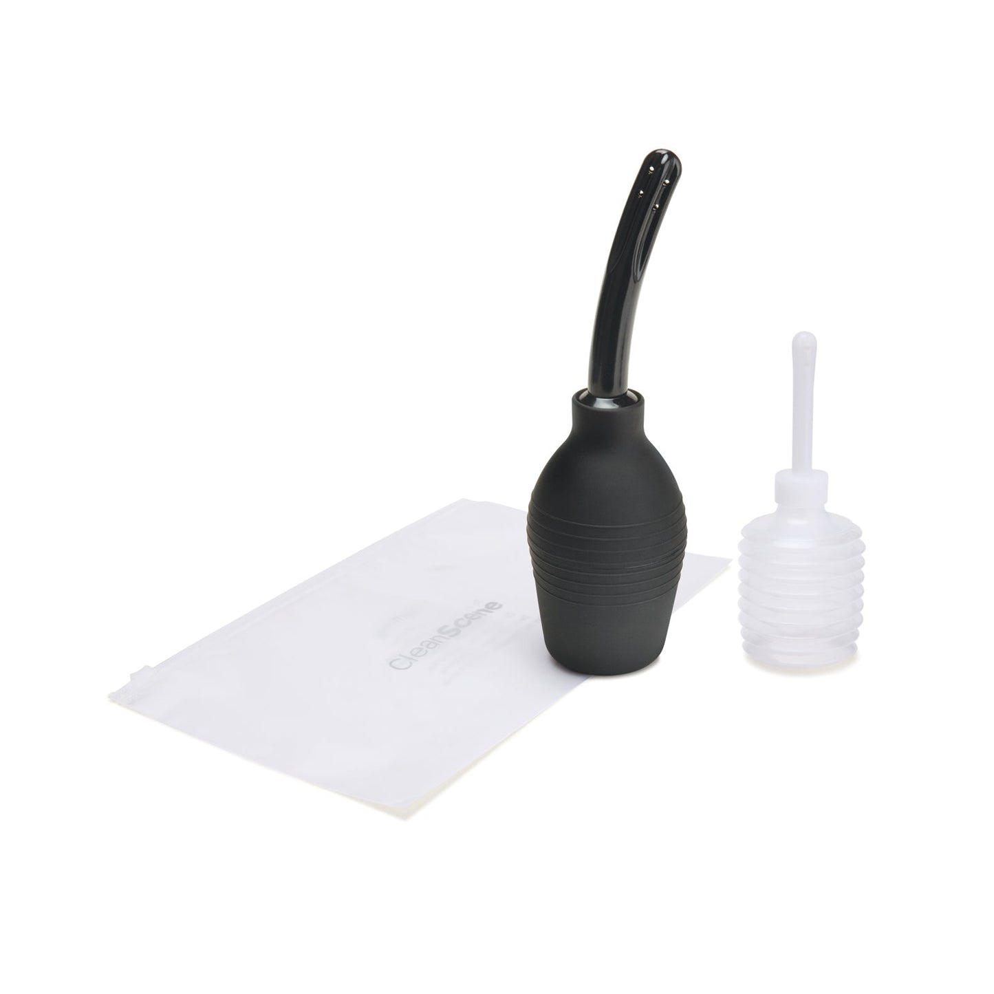 The CleanScene 4 Pc Medical Grade Douche Set includes a black rubber bulb syringe with a curved nozzle, a small clear plastic bottle with a straight nozzle, and a white storage bag, making it perfect for travel.
