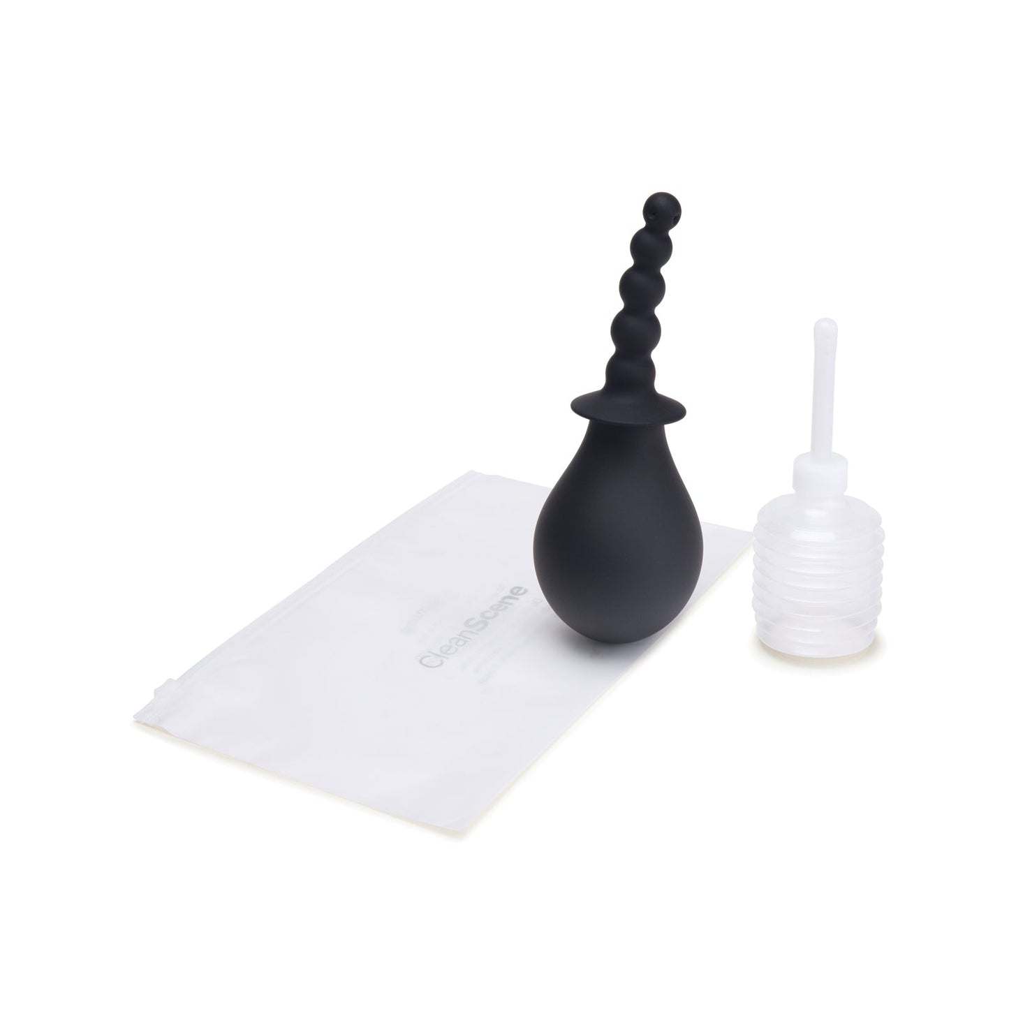 The CleanScene 4 Pc Soft Squeeze Beaded Anal Douche Set With Flared Base, including black silicone anal beads and a travel-friendly clear plastic enema bottle with nozzle, is neatly displayed on a white surface next to a folded white pouch.