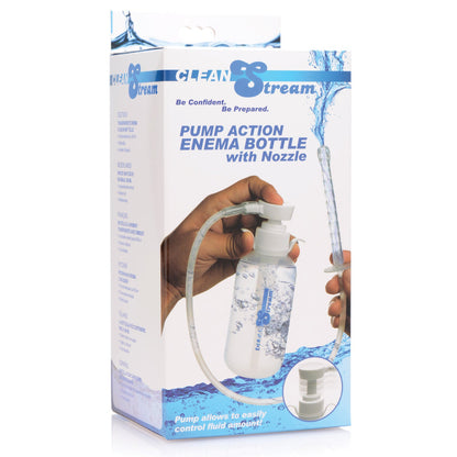 The packaging of the Cleanstream Pump Action Enema Bottle w/Nozzle by CleanStream displays a hand holding a clear bottle with an attached hose, along with close-ups of the silicone nozzle and water stream.