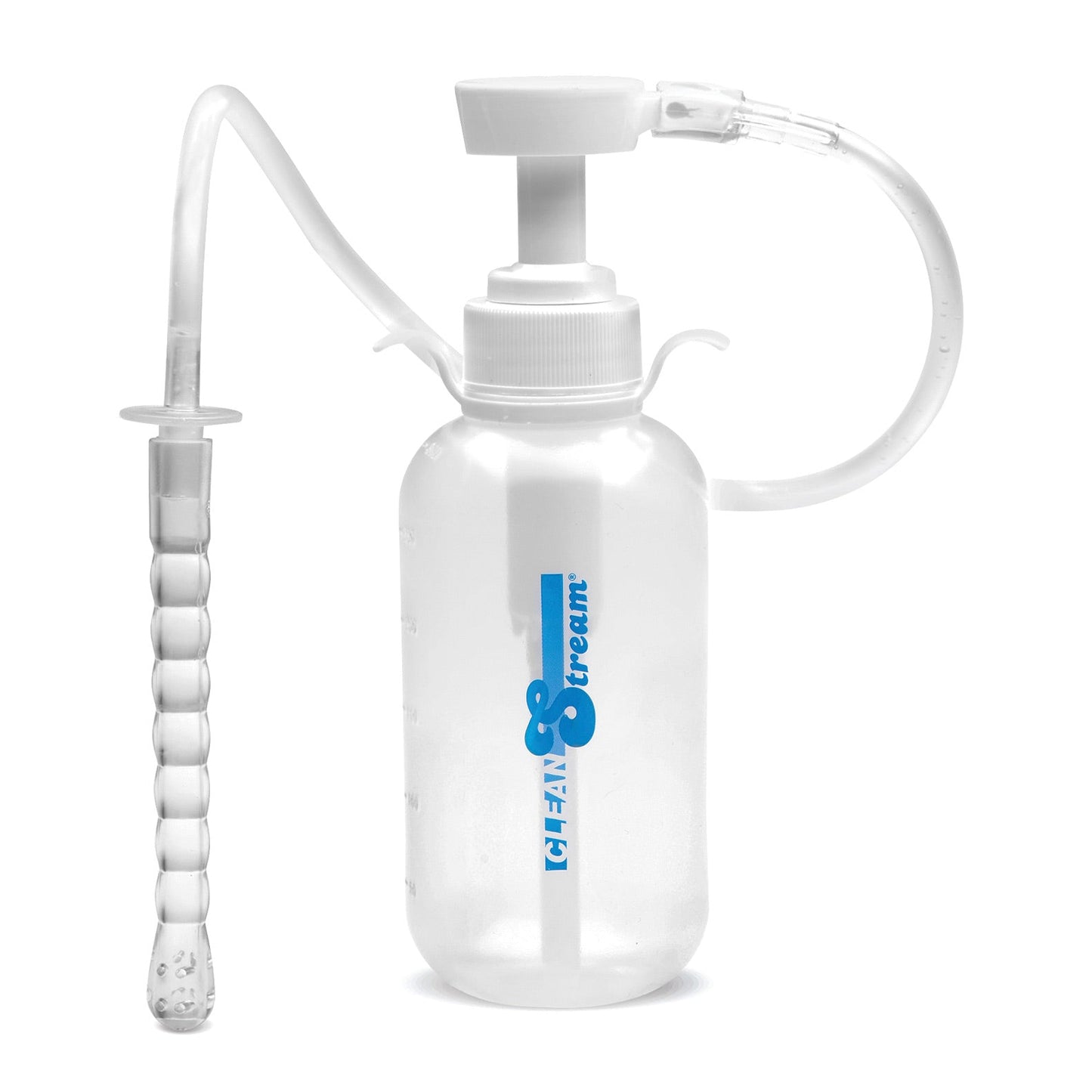 The Cleanstream Pump Action Enema Bottle features a clear bottle, a pump on top, a flexible hose, and a ribbed silicone nozzle for comfort and efficiency. The bottle showcases the CleanStream brand in blue for a sleek appearance.