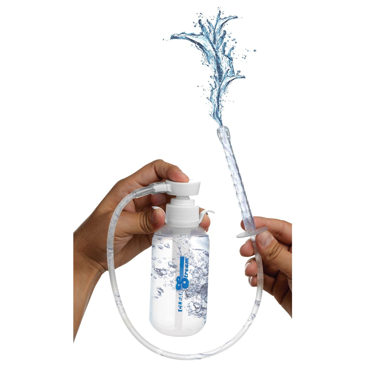Two hands demonstrate the Cleanstream Pump Action Enema Bottle w/Nozzle by CleanStream; one holds the clear water-filled bottle, and the other holds the nozzle, showing water spraying as a flexible tube connects them, resembling an efficient enema kit.