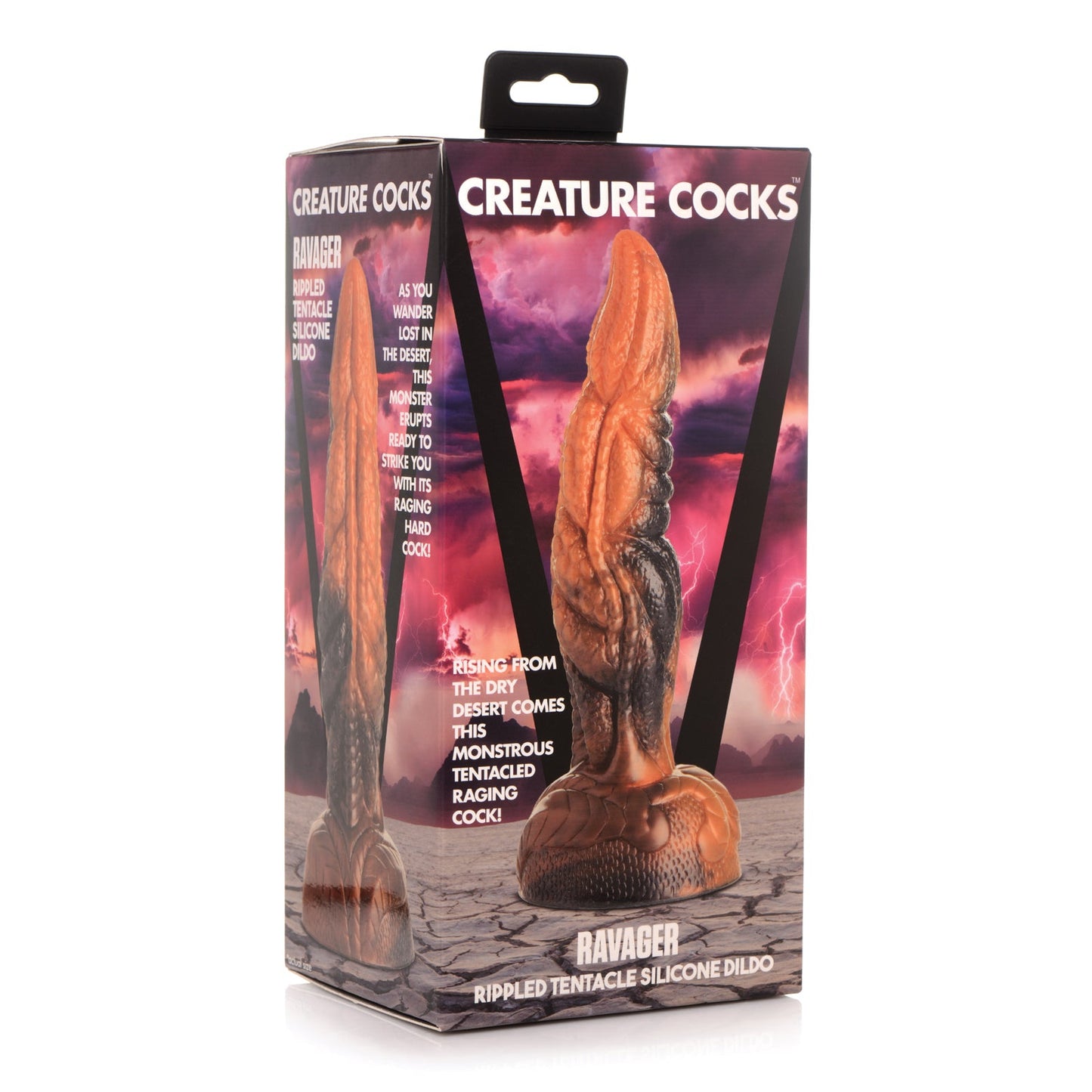 The box of the Creature Cocks Ravager Rippled Tentacle Silicone Dildo highlights its creature-like design with ripple and tentacle textures. It features a premium silicone build and a suction cup base, set against a desert lightning backdrop that enhances the Creature Cocks brand.