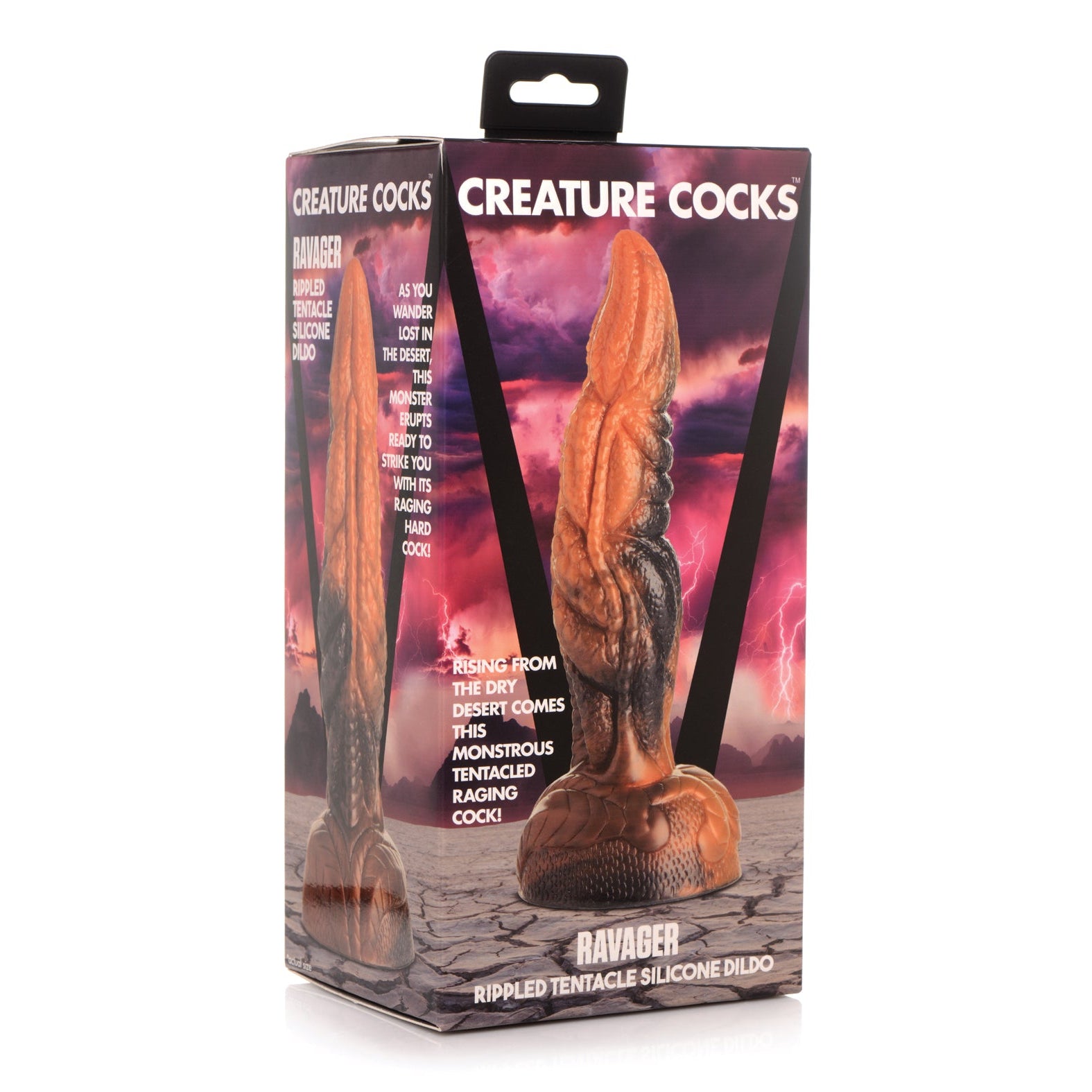 The box of the Creature Cocks Ravager Rippled Tentacle Silicone Dildo highlights its creature-like design with ripple and tentacle textures. It features a premium silicone build and a suction cup base, set against a desert lightning backdrop that enhances the Creature Cocks brand.
