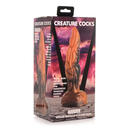 The box of the Creature Cocks Ravager Rippled Tentacle Silicone Dildo highlights its creature-like design with ripple and tentacle textures. It features a premium silicone build and a suction cup base, set against a desert lightning backdrop that enhances the Creature Cocks brand.