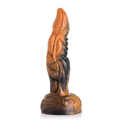 The Creature Cocks Ravager Rippled Tentacle Silicone Dildo by Creature Cocks is an abstract, textured sculpture in brown and black with intricate surface details and an elongated, curving form on a decorative circular base.