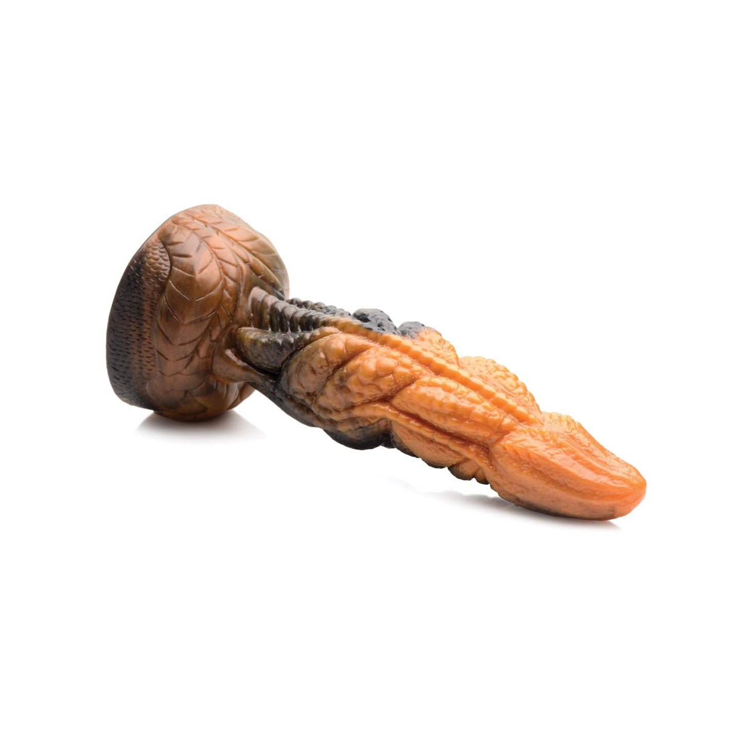 A detailed silicone dildo from Creature Cocks, the Ravager Rippled Tentacle, features intricate textures and a smooth finish rivaling premium materials, photographed against a white background.