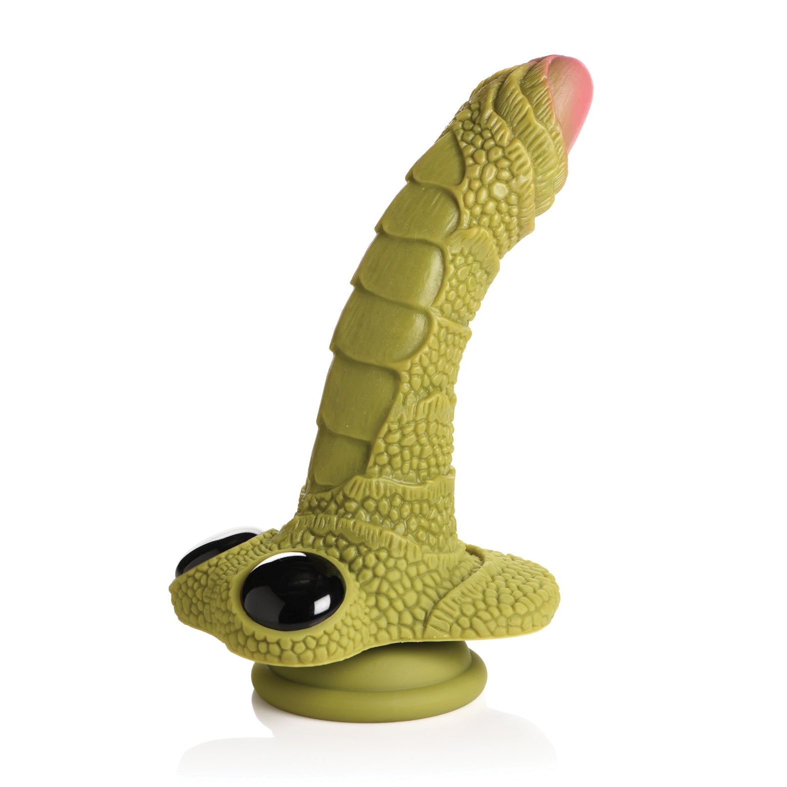 Introducing the Creature Cocks Swamp Monster Scaly Silicone Dildo, a whimsical green toy from Creature Cocks crafted with phthalate-free silicone. It boasts textured scales, a suction cup base, and two black eyes at the base resembling a cartoon dinosaur head for playful fun.