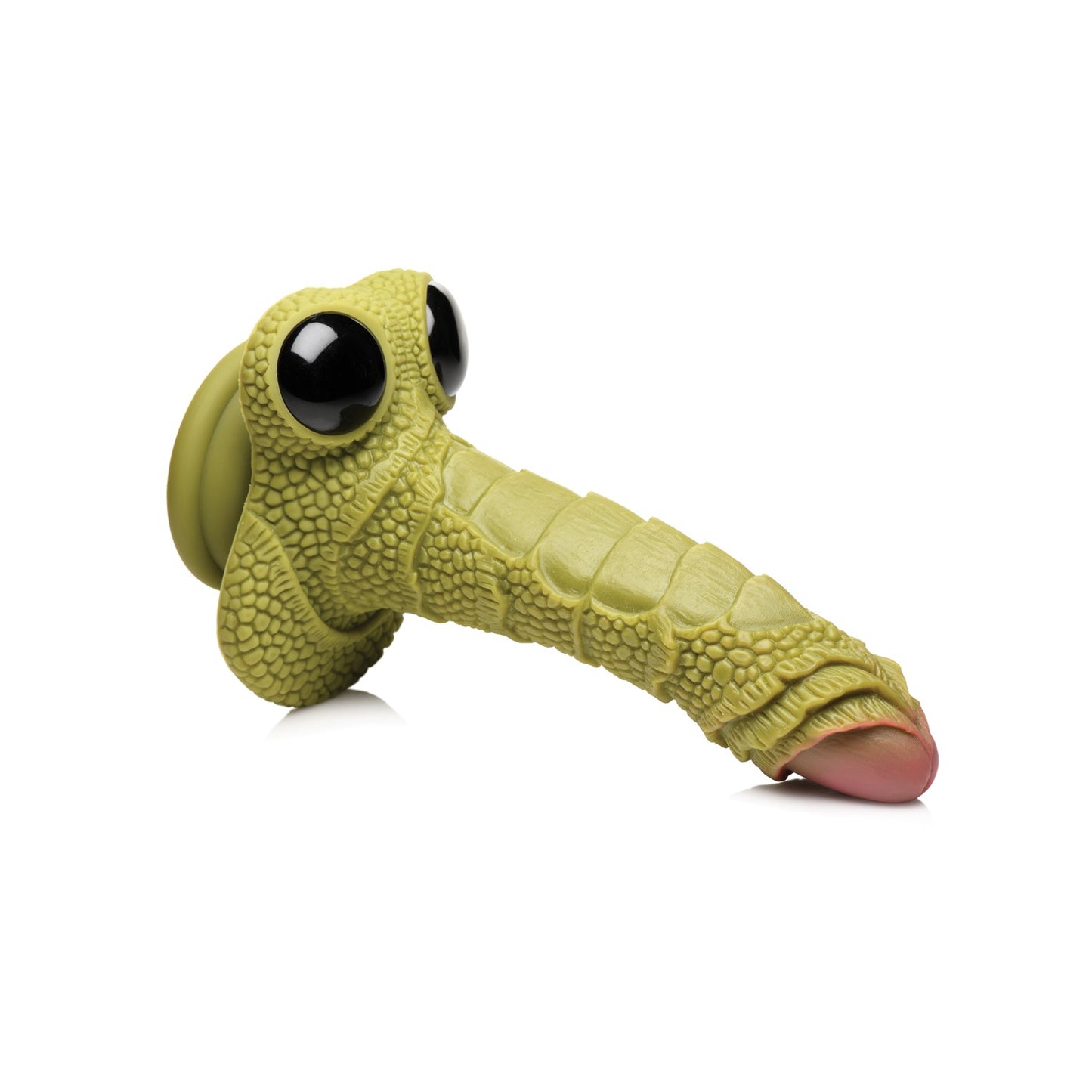 The Creature Cocks Swamp Monster Scaly Silicone Dildo in yellow-green is a playful silicone toy, featuring a cartoonish dinosaur head with large black eyes, a pebbled texture, and an elongated snout ending in a pink tongue. It’s positioned at an angle against the white background.