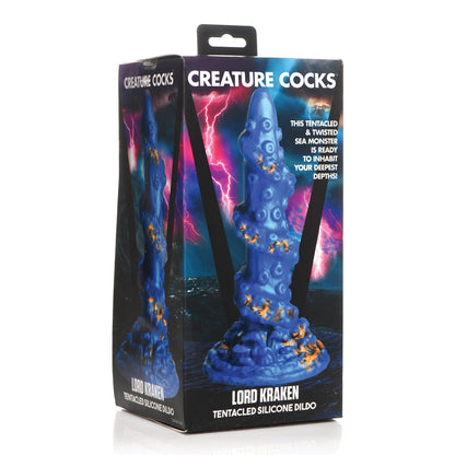 The Creature Cocks Lord Kraken Silicone Dildo, a blue tentacle toy made from premium silicone, is housed in a box with vibrant stormy sea and lightning graphics. Dive deep into your fantasies with this uniquely designed piece from Creature Cocks.