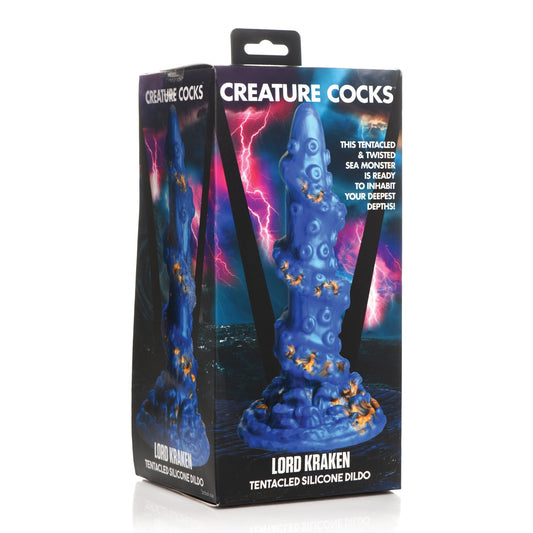 The Creature Cocks Lord Kraken Silicone Dildo, a blue tentacle toy made from premium silicone, is housed in a box with vibrant stormy sea and lightning graphics. Dive deep into your fantasies with this uniquely designed piece from Creature Cocks.