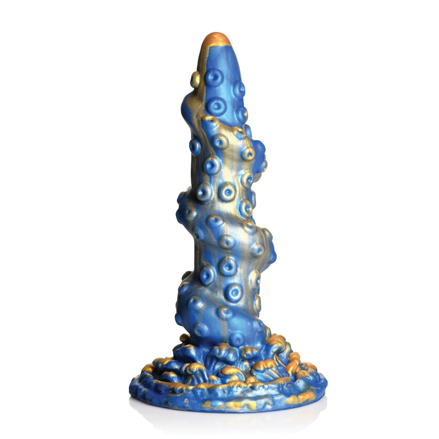 A textured, conical blue and gold sculpture featuring circular patterns stands upright on a round base, evoking deep-sea fantasy. Made from premium silicone, it captures the mystique of the Creature Cocks Lord Kraken Silicone Dildo against a plain white backdrop.