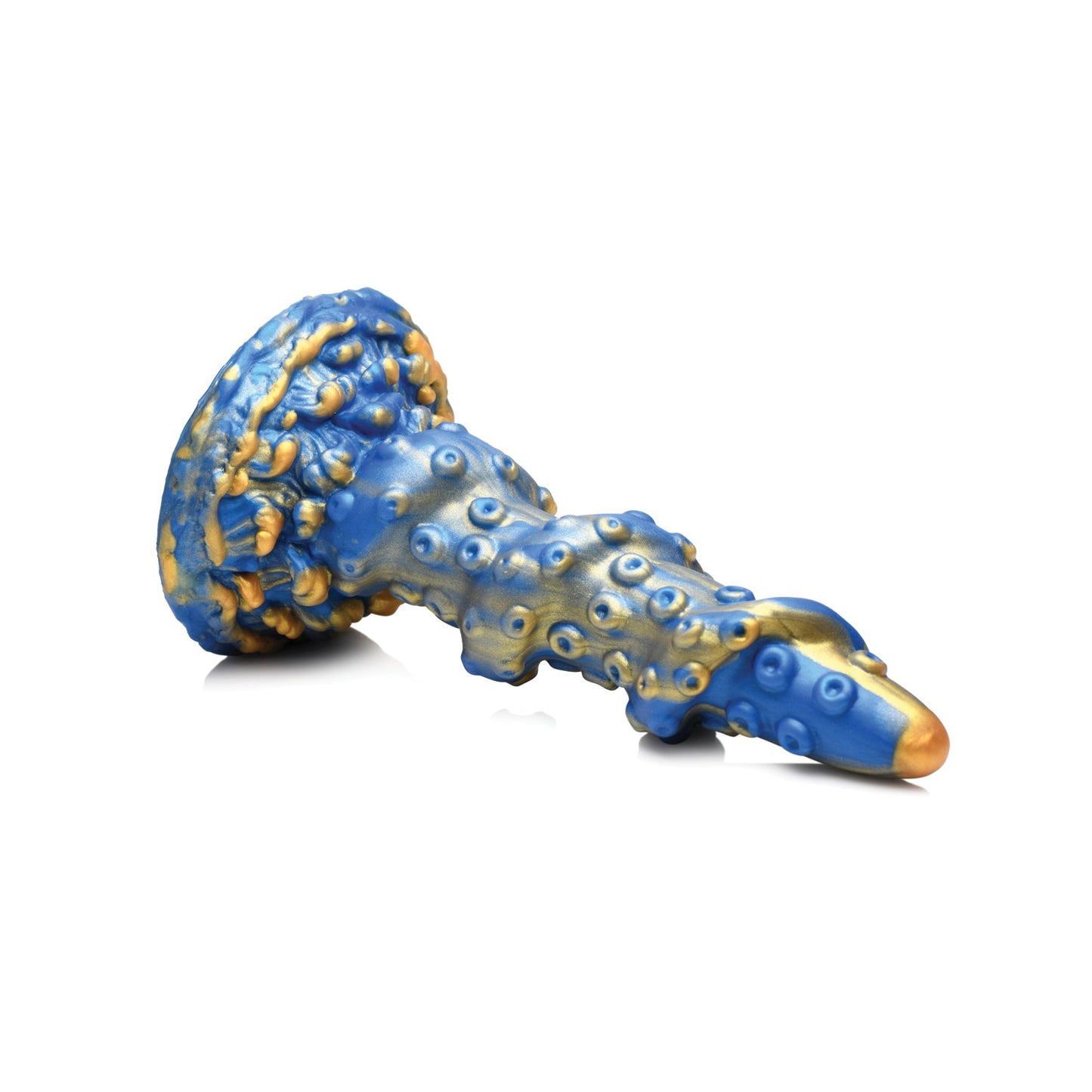 The Creature Cocks Lord Kraken Silicone Dildo by Creature Cocks is a blue and gold, textured item with a bulbous base, tapered end, intricate patterns, and raised circular designs. Made from premium silicone, it rests on a reflective white surface.