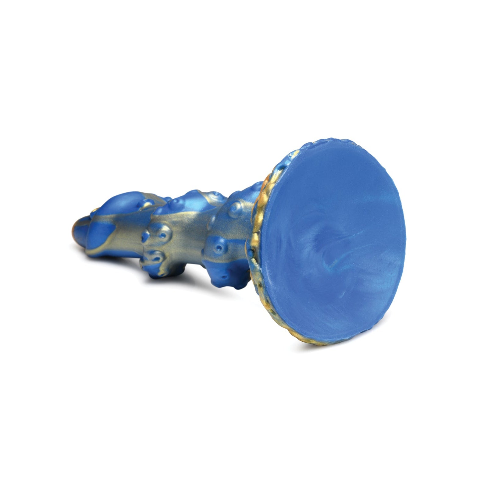 The Creature Cocks Lord Kraken Silicone Dildo, by Creature Cocks, features an intricate blue and gold design with a textured handle and round base, evoking a deep-sea fantasy reminiscent of a decorative sculpture against a plain white background.
