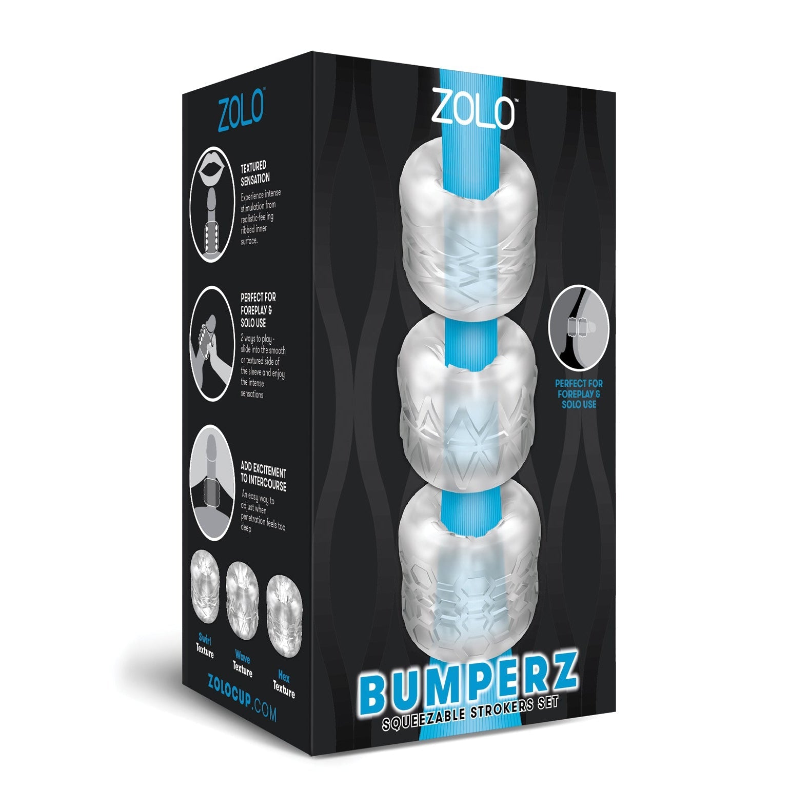 The Zolo Bumperz Squeezable Stroker Set packaging features textured designs for solo use, with a sleek black background and blue accents. The box highlights images of the squeezable product and its unique features.