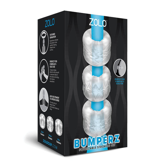 The Zolo Bumperz Squeezable Stroker Set packaging features textured designs for solo use, with a sleek black background and blue accents. The box highlights images of the squeezable product and its unique features.